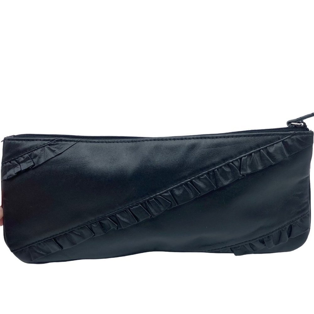 Black Ruched Ruffle Stripe Leather Clutch Wallet 10"‎ x 5"